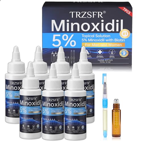 Trzsfr Minoxidil 5% for Men & Women with Roller Applicator & Precision Applicator Pens Extra Strength Topical Solution for Beard & Hair Growth Twist Cap Squeeze Bottle 7 Bottles 9 Month Supply