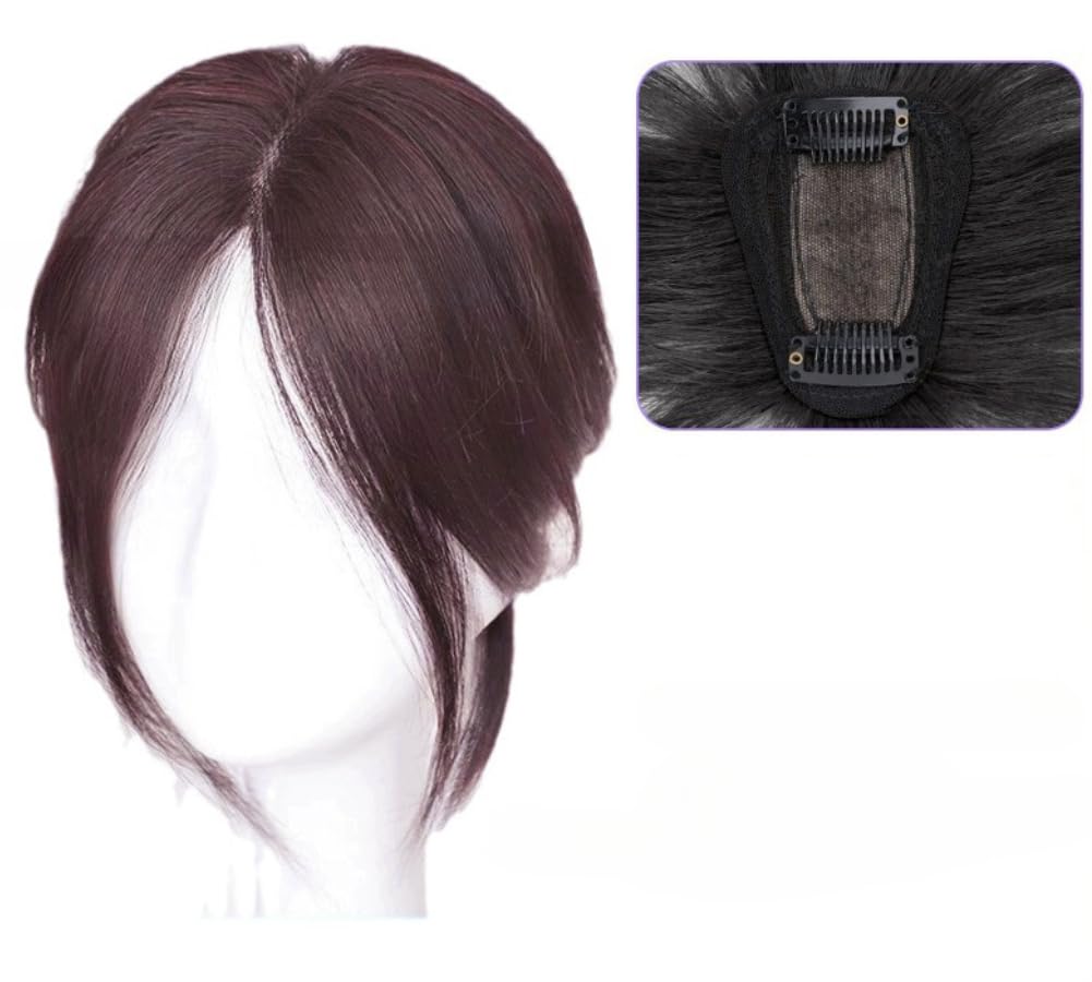 9.8 Inch Middle Part with Bangs Human Hair Clip In Topper Hairpiece for Women Add Hair Volume Cover White Hair Grey Hair (Dark Brown,Swiss Net T-Type)