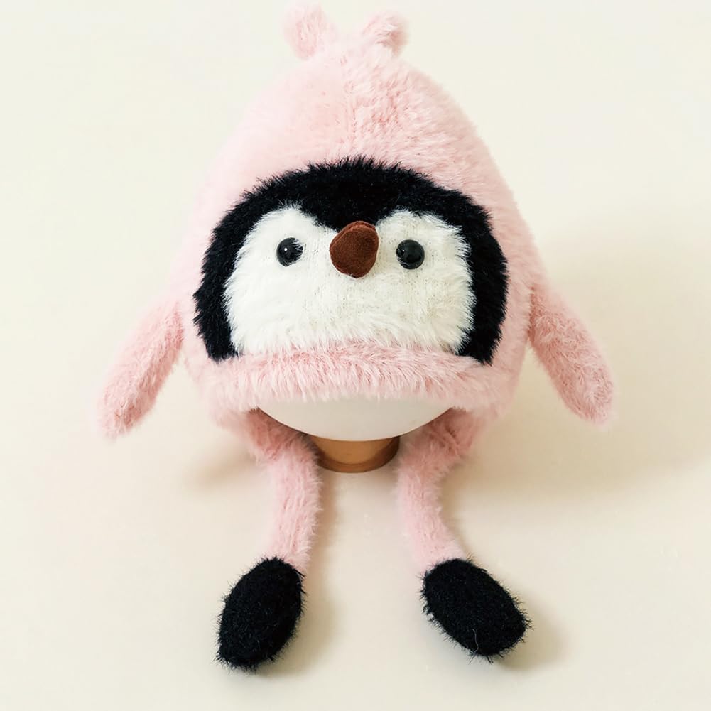Girls Penguin Knit Hat Boys Cartoon Warm Fuzzy Beanie Winter Novelty Fleece Lining Cap with Ear Flap 2-9 Years