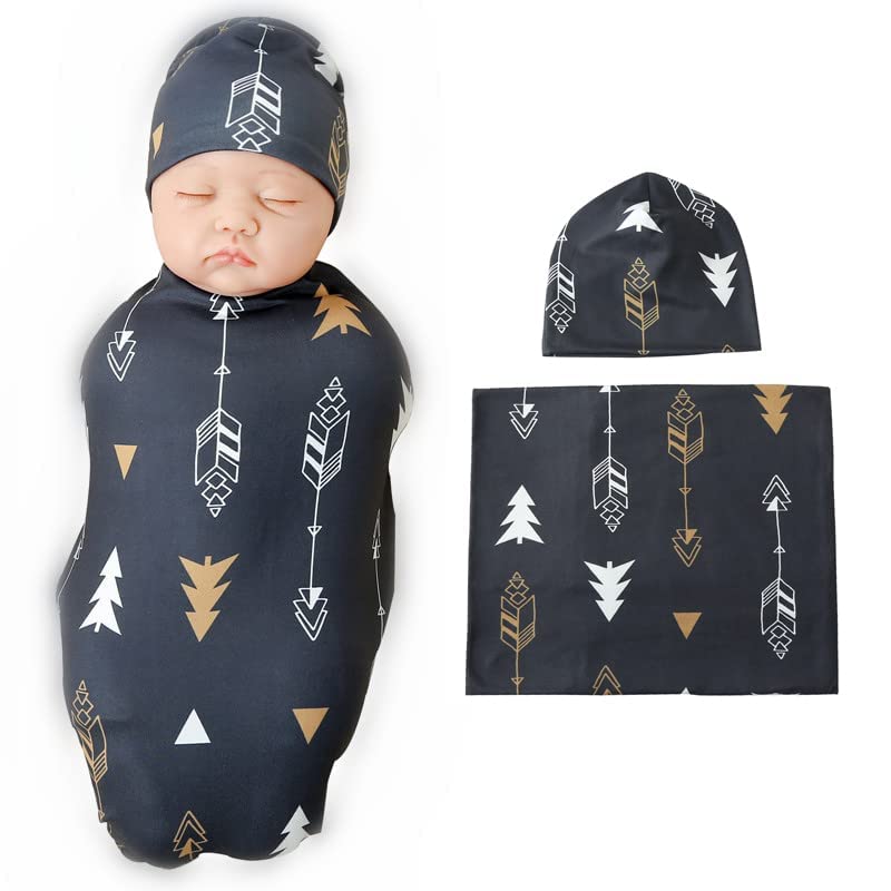 Image of Galabloomer Newborn Swaddle Blanket with Beanie Set Baby Boy Receiving Blanket Gold Arrow