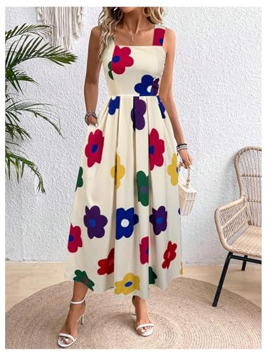 Image of Floerns Women's Flower Print Sleeveless Sundress Square Neck Vacation Long Dress