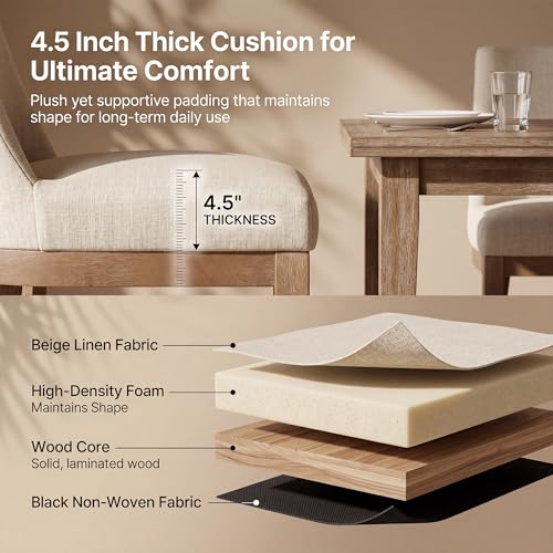Image of HNY Modern Dining Chairs Set of 6 with Comfortable Back Support, Farmhouse Soft Linen Upholstered Kitchen Dining Room Chairs with Solid Wood Legs, Armless Accent Side Chairs for Living Room, Beige