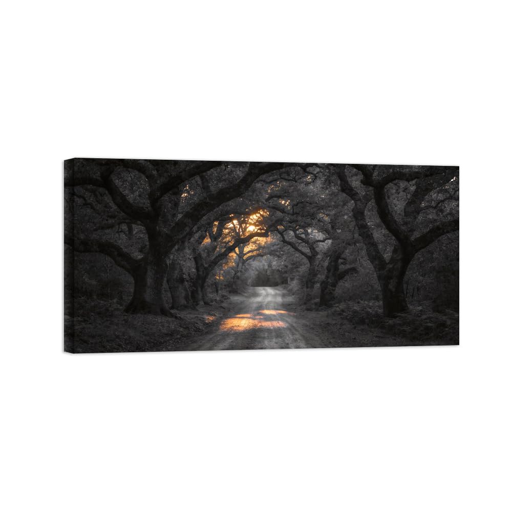 OZPWBVY Black and White Landscape Print Painting-Tree Path Sunrise-Minimalist Canvas Wall Art Picture for Home Ready to Hang 24x47in 60x120cm Wrapped Canvas
