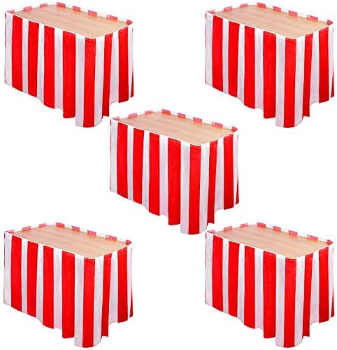 ELCOHO 5 Pack Carnival Table Skirt Red and White Striped Table Skirt Fits Rectangle or Round Tables Party Theme Tables for Circus Theme Party Decorations