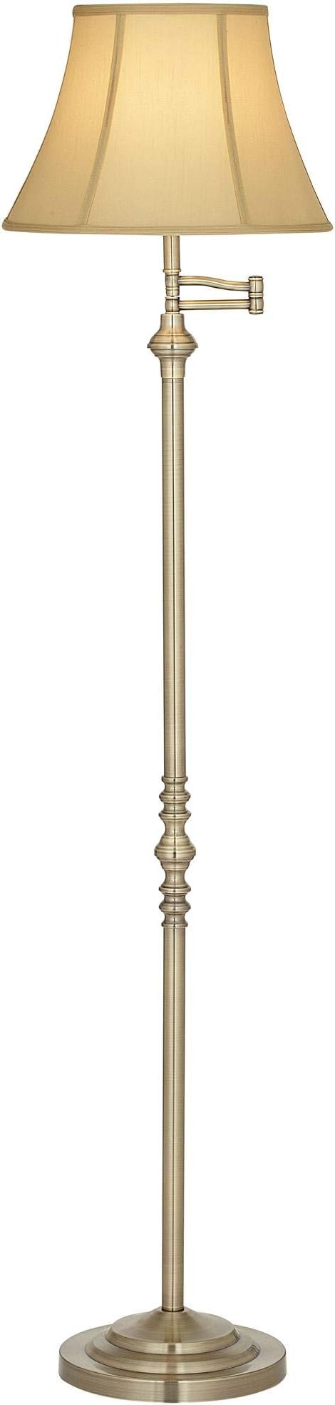 Regency Hill Montebello Traditional Adjustable Swing Arm Floor Lamp Standing 60" Tall Antique Brass Metal Column Golden Tan Bell Shade for Living Room Reading House Family Bedroom Home