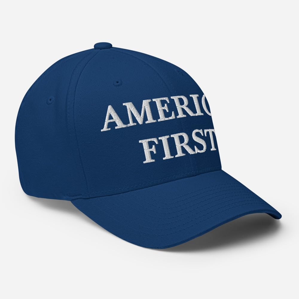 America First Hat - Embroidered Structured Flex Fit Cap - Patriotic USA Flag Royal Blue Hat - Image 6