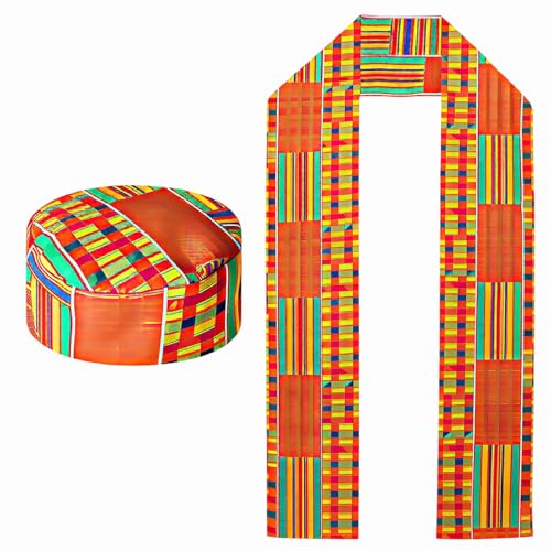 2Pcs African Kente Pattern Kufi Hat Men African Print Scarf Black African History Stole Sash Graduation Women Accessory