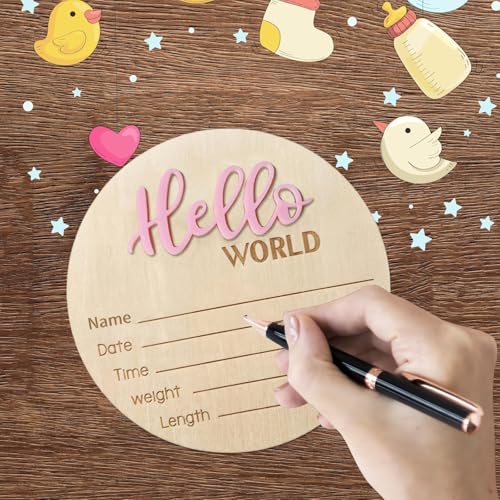 Image of Baby Announcement Sign - 5.9 Inch Wooden Hello World Newborn Sign, Birth Announcement, Baby Shower Hospital Nursery for Newborn Boys and Girls (Pink)