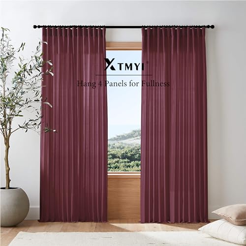 Image of XTMYI Burgundy Curtains 84 Inches Long 2 Panels,Vintage Elegant Maroon Linen Back Tab Hook Pleated Sheer Christmas Curtains for Living Room Bedroom,Dark Red