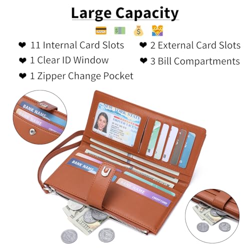Image of Womens Wallet Bifold Long Card Holder Vegan Leather with Zipper Pocket