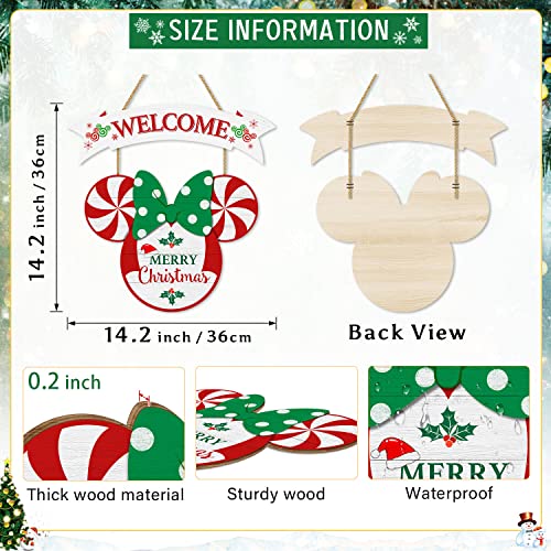 CIOEY Christmas Door Decor Mouse Welcome Door Sign, 2 Panels Wood Hanging Sign, Merry Christmas Decorations for Home Wall Christmas Party Supplies, Peppermint Decorative Home Porch Plaques - Image 3