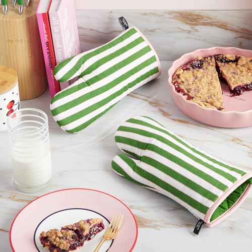 Image of kate spade new york Botanical Stripe Oven Mitt 2-Pack Set, 7 inch x 13 inch, Green /Pink
