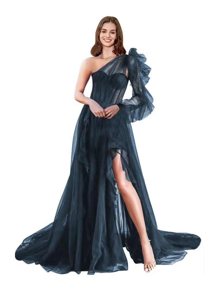 SAYNO Prom Dresses One Shoulder Tulle Ball Gown Puffy Long Sleeve Evening Gowns for Women Navy UK10