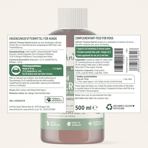 AniForte Barf Futteröl für Hunde 500ml– Natürliches, kaltgepresstes Premium Barf Öl, ideale Mischung reich an Omega 3 & Omega 6, artgerechter & ausgewogener Barf Zusatz