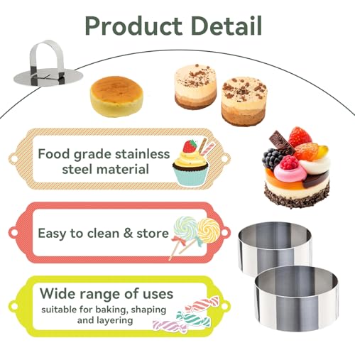 Uncle Jack 4 Pieces Round Cake Ring Molds, Stainless Steel Cake Ring Mold with Pusher, for Kitchen Tools, Baking Pastry, Mousse (Include 4 Rings and 2 Pushers)