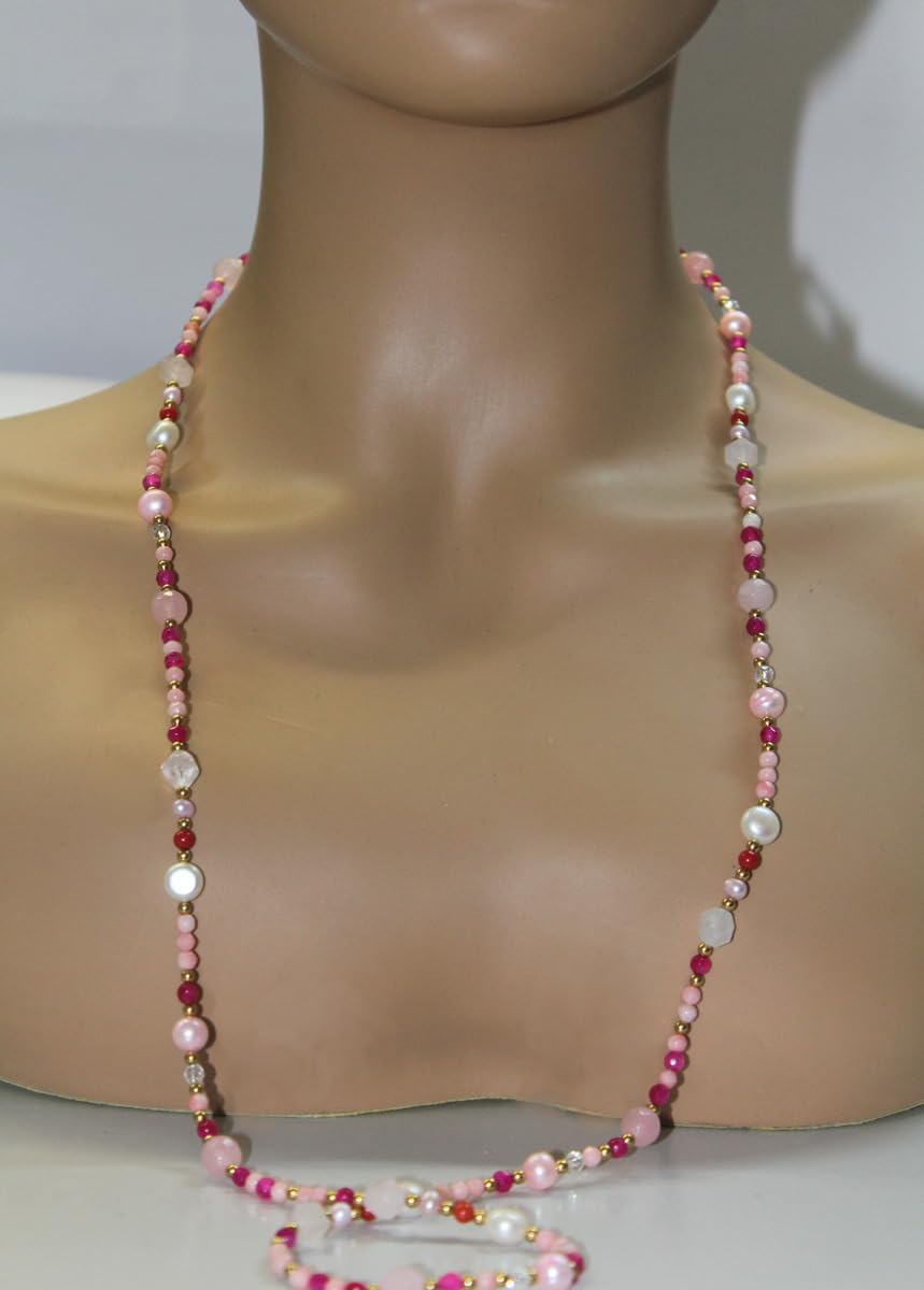 Ch.Abramowicz Perlenkette Edelsteinkette Achat Bergkristall Amethyst Rosenquarz 90cm 90