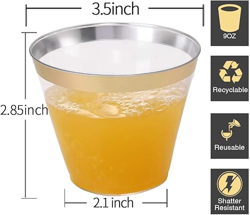 Vista 17 de I00000 200 vasos de plástico desechables plateados de 10 onzas, vasos de plástico transparente a la antigua, vasos de borde plateado, desechables