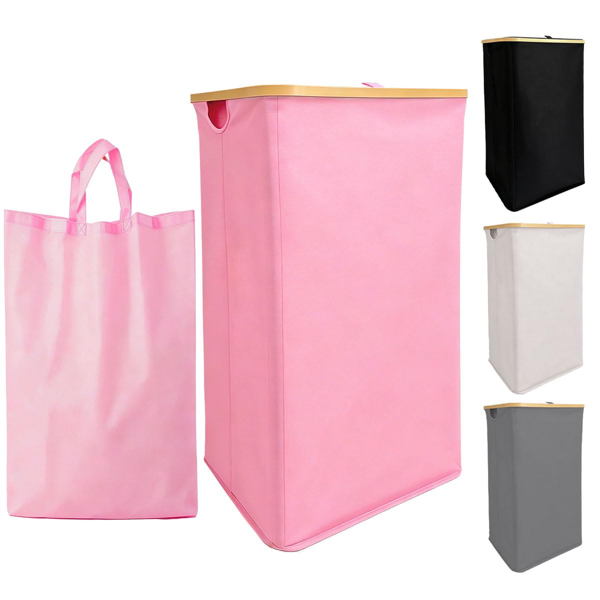 Bowitzki 100L Laundry Basket with Lid, Collapsible Washing Basket with Removable Inner Bag, Waterproof Oxford Foldable Laundry Hamper with Handles, Space-Saving Storage Bin for Bedroom Bathroom (Pink)