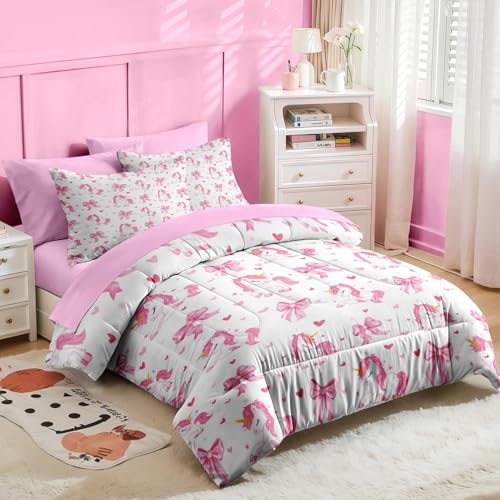 Image of Nesker Bow Comforter Set Twin Size, 5 Pieces Bed in a Bag, Pink Bow Bedding Set for Girls, Cartoon Unicorn Comforter Set with 1 Pillowcase & 1 Sham