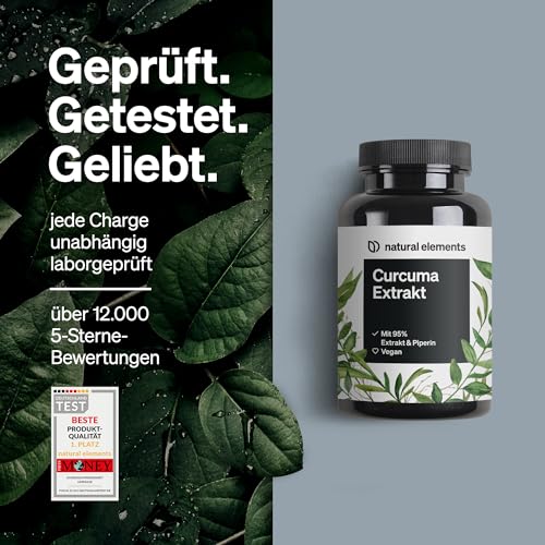 natural elements Curcuma Extrakt – Hochdosiert: Curcumingehalt EINER Kapsel entspricht 10.000mg Kurkuma – Hochdosiert aus 95% Extrakt – 90 Kapseln
