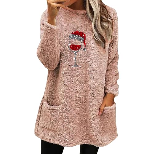 Pullover Damen Winter Wolle Weihnachtspullover Damen Lang Herbst Outdoor Pullover Weinglas Druck Weihnachtspullover Oversized Sweater Rundhals Langarm...