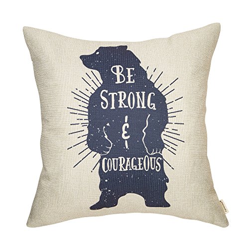 Image of Fahrendom Woodland Style Vintage Bear Be Strong and Courageous Rustic Nursery Décor Cotton Linen Home Decorative Throw Pillow Case Cushion Cover with Words for Sofa Couch, 18 x 18 in