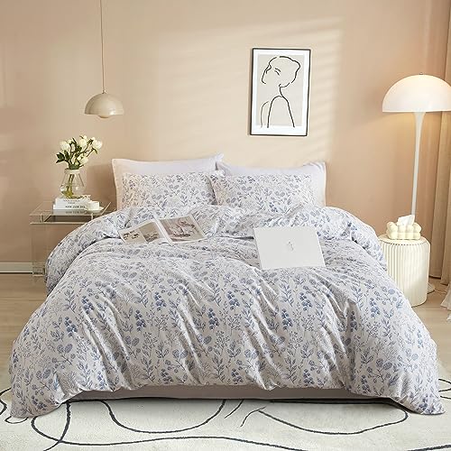 VM VOUGEMARKET Duvet Cover Full 3 PCS Blue Floral Bedding Set Botanical Printed on White Duvet Cover Soft Cotton Comforter Cover with Zipper Closure 4 Ties for Teen Girls-80x90 Inch