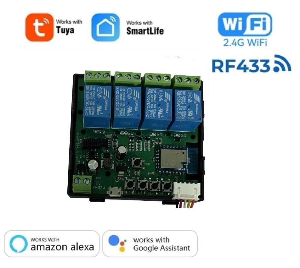 Huacaoe 4-Channel WiFi Smart Relay Switch Module with Tuya, SmartLife, WiFi, RF433, Alexa, Google Assistant logos
