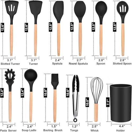Image of Silicone Spatula Set, Spatula Set with Wooden Handle for Cooking and Mixing, for Non Stick Pan, Kitchen Tools Set of (12, Black)