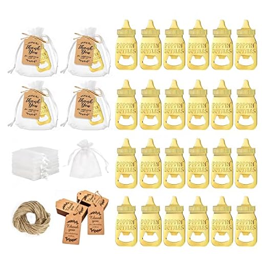 24 abridores de Botellas para Baby Shower, Forma de biberón, rrecuerdo de devolución para Invitados con Tarjetas de felicitación y Embalaje, decoración de cumpleaños de Recuerdo (Oro)
