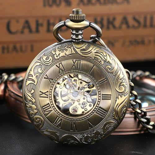 Image of Vintage Gold Double Sides Open Case Mechanical Men's Pocket Watch,Double Face Roman Dial Clock Hand Wind Pocket Watch for Men with FOB Chain