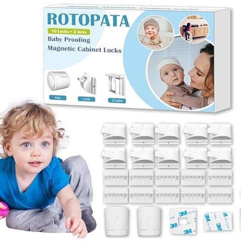 ROTOPATA Magnetic Cabinet Locks for Babies Child, Baby Proofing Safety Latch for Cabinets Drawers Cupboard Kitchen Bedroom, Adhesive or Screw Two Installation Methods(10 Locks & 2 Keys) Cover