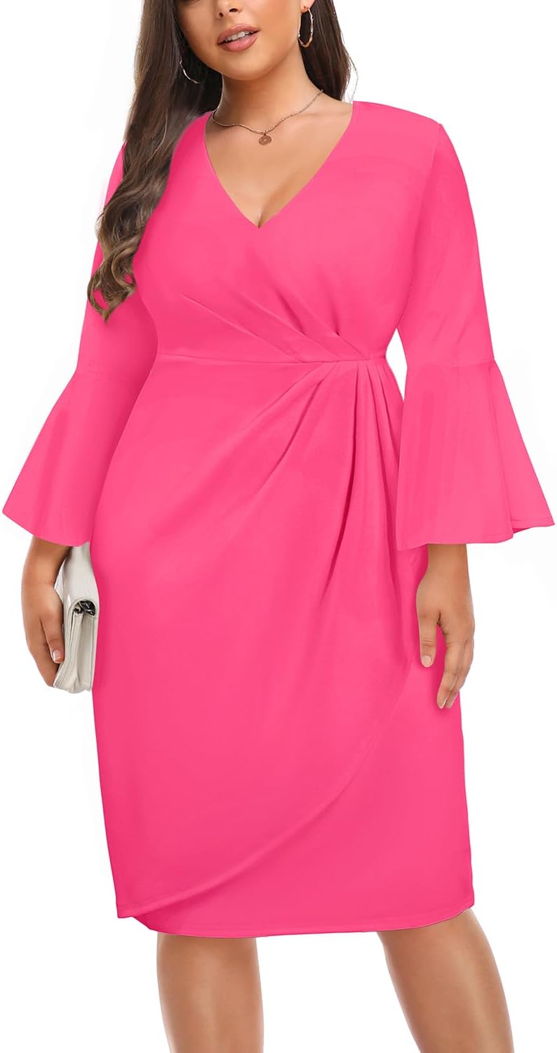 Talisea Women Plus Size Work Dress - Semi Formal Wedding Guest Church Business Office Interview V Neck Bell Sleeve Dress