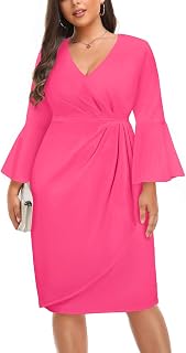 Women Plus Size Work Dress - Semi Formal Wedding Guest Church Business Office Interview V Neck Bell Sleeve Dress