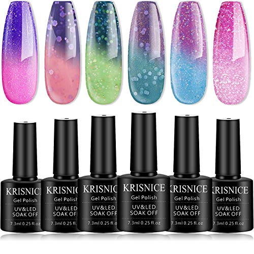 KRISNICE Color Changing Gel Nail Polish Pink Blue Purple Black Glitter Mood Thermal Temperature Chameleon Soak Off UV LED Lacquer Nail Art Varnish Set Starter Kit 6 Colors (KWB6-002-01) (KWB6-001-03)