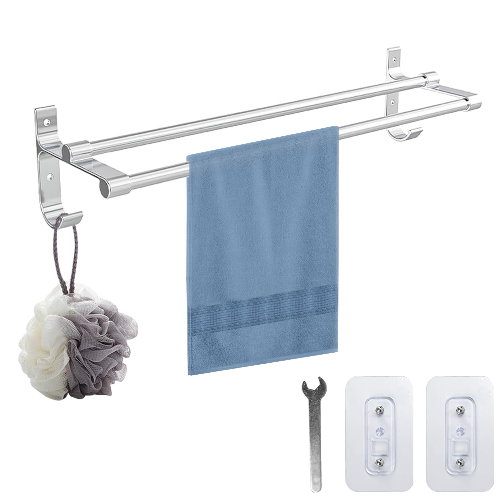 Porte-serviettes Double Sans Perçage - Adhésif Fort Pour Salle De Bain Et Cuisine - 50 Cm Argent
