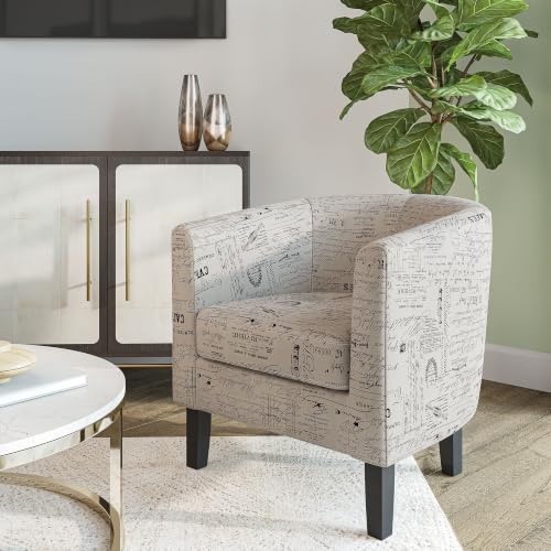Image of BELLEZE Accent Barrel Chair, Linen Round Chair Club Tub Sofa Corner Chair with Flared Legs and Cozy Soft Padding for Living Room Bedroom Waiting Room - Black & Beige
