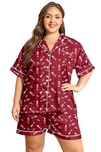 Image of Vozanet Women's Short Sleeve Satin Pajama Sets Silky Ladies Button Down Loungewear Plus Size Nighty Shorts Sets XL to 5XL