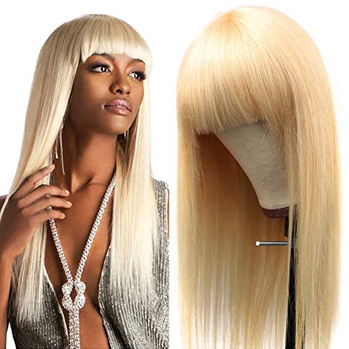 DACHIC 613 Blonde Wigs with Bangs Glueless Straight Blonde 613 Human Hair Wigs for Women 150% Density 613 Blonde Bang Wig Human Hair 22 Inch