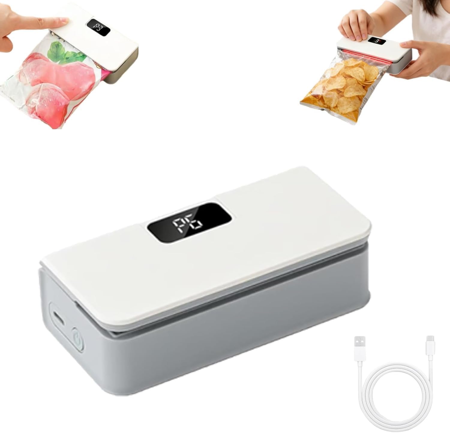 Mini Bag Sealer, Magnetic Rechargeable Heat Sealer with LED Power Display, 6 Adjustable Gears Heat Sealer and Cutter, Portable Resealer for Chips, Snacks & Mylar Bags