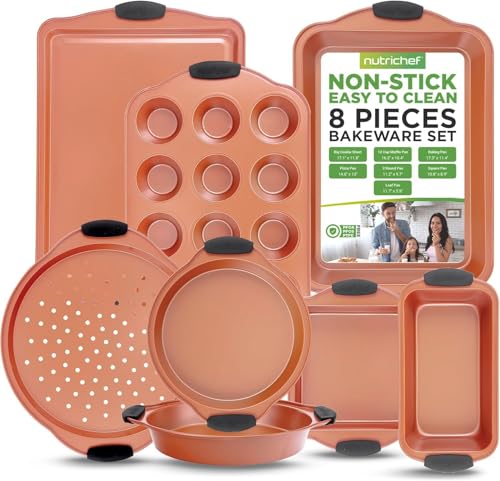 NutriChef 10-Piece Oven Baking Pans Set - Deluxe Carbon Steel Bakeware Set with Non-stick Gray Coating Inside and Out, Dishwasher Safe & PFOA, PFOS, PTFE Free