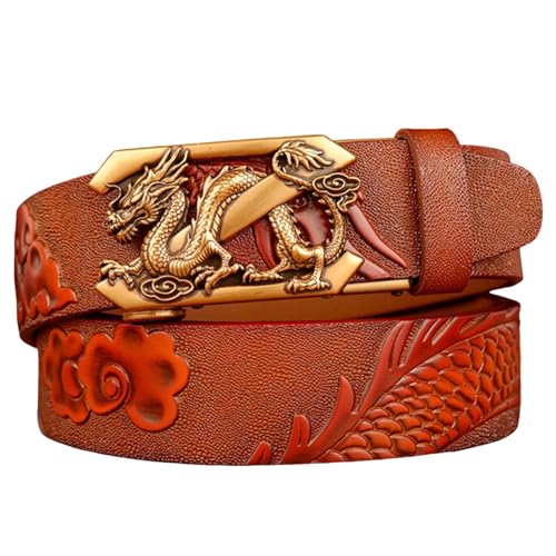 Light Brown Ratchet Belt With Engraved Dragon Gold Automatic Buckle - Handmade Dragon Pattern Leather Strap2