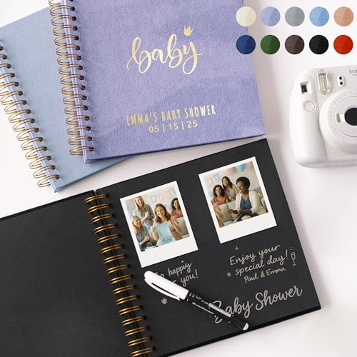 Image of Personalized Baby Shower Guest Book Polaroid Boy Girl First Birthday Custom Scrapbook to Sign with Instax Photos Fits 4x6 or 5x7 Pictures Baby's First Keepsake (Lavender, Small - 8.3x8.3 inch)