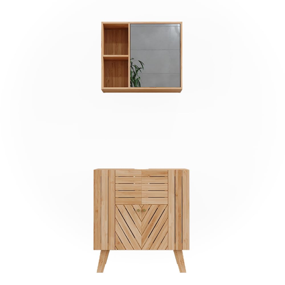 Vicco Set di mobili da bagno Lucie, Bambù, 60 cm, composto da specchio da bagno e mobile sottolavabo