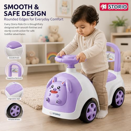 Image of Storio Rabbit Baby Ride-On Car Toy | Non-Battery Push Car for Kids with Backrest & Steering Wheel | Baby Ride On Toy for Boys & Girls 1-3 Years | Purple
