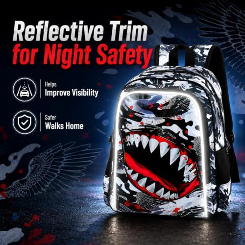 Image of 3Pcs Boys Backpack, 16 inch Shark Bookbag for Elementary Preschool Kindergarten, Kids School Backpacks with Lunch Box(Black)