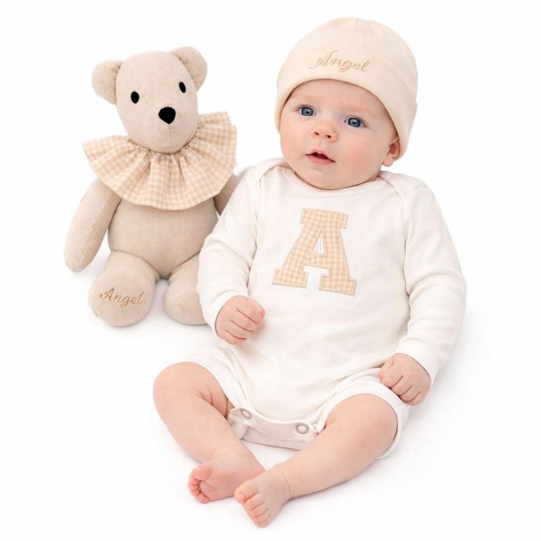 Nenel Conjunto Bebé 3 piezas personalizado – Body, gorro y oso para neonatos con nombre e inicial – Set nacimiento 3 piezas body, gorrito y peluche – Regalo recién nacidos - Manga larga