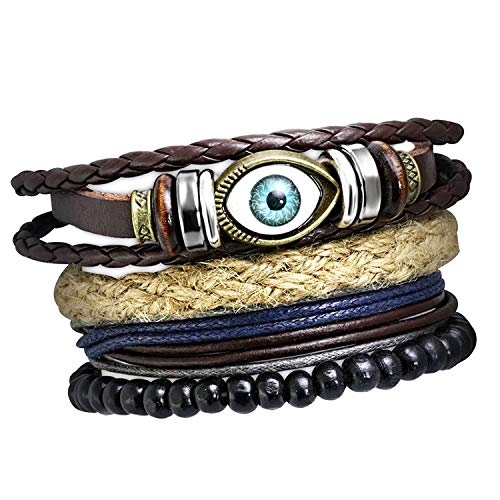 Image of Young & Forever Multi-Layer Leather Bracelet for Men | Adjustable Handmade Wrap Bracelet with Beads, Anchor, Evil Eye, Feather & Boho Charms | Vintage Punk Casual Wristband Gift for Men & Boys