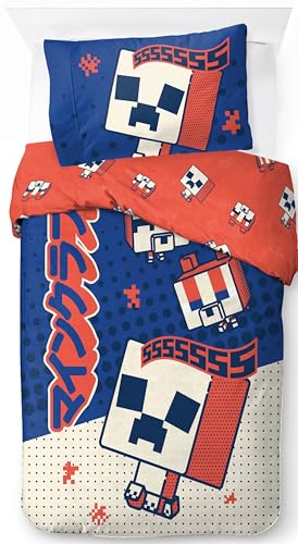 Jay Franco Minecraft Oishi Market 100% Coton Ensemble Housse de Couette Lit Simple – Linge de Lit Creeper Comprend Une Taie d’Oreiller 50 x 70 cm