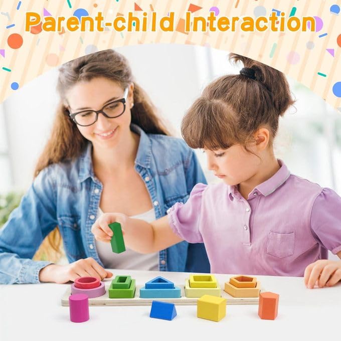 Image of SHINETOY 5-in-1 Shapes Stacker Wooden Building Blocks | Montessori Sorting & Stacking Toy for 1-3 Year Olds | Educational Color & Shape Learning Gift